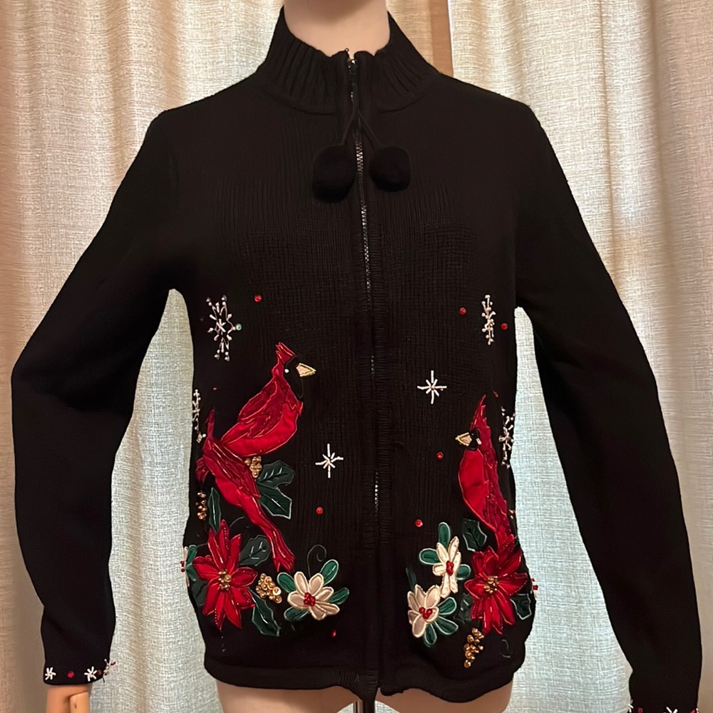 Tiara International Cardigan Sweater Cardinals Black Red Long Sleeve Women Small